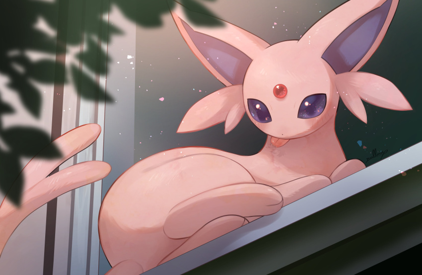 absurdres blurry blurry_foreground depth_of_field espeon forehead_jewel highres looking_at_viewer lying no_humans nullma pokemon pokemon_(creature) sitting solo tongue tongue_out violet_eyes windowsill