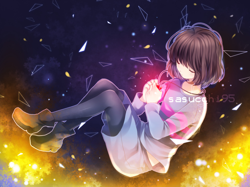 1other artist_name black_footwear black_pantyhose blue_shirt blue_shorts brown_footwear brown_hair closed_eyes closed_mouth frisk_(undertale) full_body glowing glowing_necklace glowing_neckwear gradient_footwear heart heart_necklace highres holding holding_jewelry holding_necklace jewelry long_sleeves necklace pantyhose pink_shirt sasucchi95 shirt short_hair shorts striped_clothes striped_shirt undertale