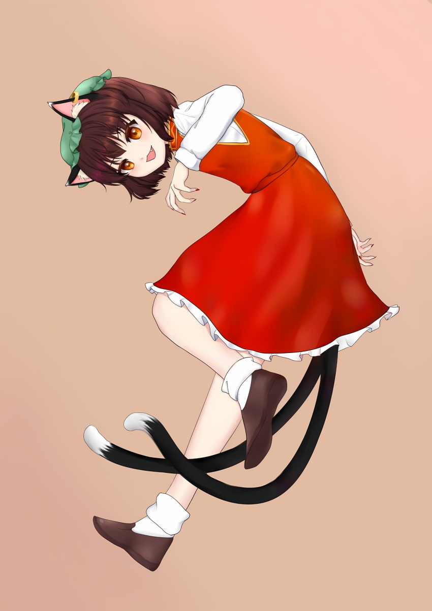 1girl animal_ear_fluff animal_ears bent_over brown_background brown_eyes brown_hair cat_ears cat_tail chen claws dress earrings fang fingernails highres jewelry long_sleeves looking_at_viewer looking_back multiple_tails nekomata open_mouth qi_lang3568 red_dress red_nails sharp_fingernails short_hair simple_background single_earring solo standing standing_on_one_leg tail touhou two_tails