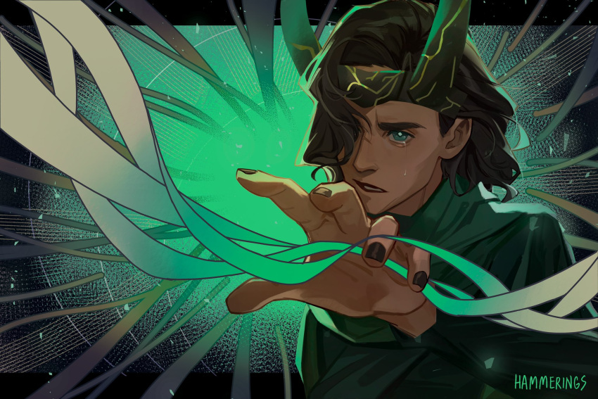 1boy arm_up artist_name black_border black_hair black_jacket black_nails border cable collared_shirt crying crying_with_eyes_open fake_horns fingernails green_background green_eyes green_necktie hair_over_one_eye hammerings highres horns jacket lapels loki_(disney+) loki_(marvel) long_sleeves looking_afar male_focus marvel marvel_cinematic_universe nail_polish necktie open_clothes open_jacket outside_border shirt short_hair solo standing suit tape tears teeth upper_body white_shirt