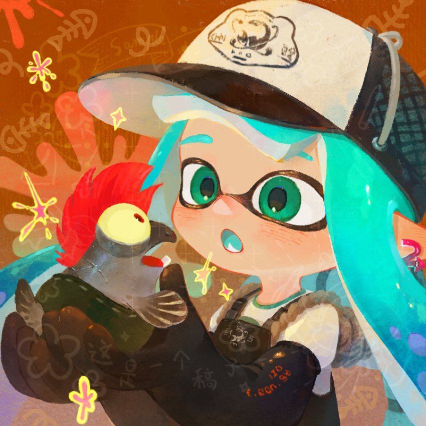1girl :o animal baseball_cap black_gloves black_overalls blue_hair blue_tongue blunt_bangs blush bulging_eyes colored_tongue commentary_request dmwggg earrings fang flower_(symbol) gloves green_eyes hat highres holding holding_animal inkling inkling_girl inkling_player_character jewelry long_hair looking_at_animal lower_teeth_only number_earrings open_mouth overalls pointy_ears print_headwear rubber_gloves salmon_run_(splatoon) salmonid shirt single_earring smallfry_(splatoon) splatoon_(series) splatoon_3 splatter teeth tentacle_hair twintails upper_body white_shirt