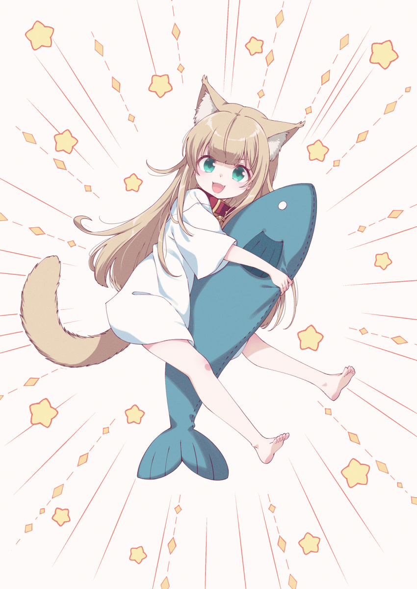 1girl 40hara animal_collar animal_ear_fluff animal_ears bare_legs barefoot blonde_hair blue_eyes cat_ears cat_girl cat_tail collar commentary_request fang full_body highres hugging_doll hugging_object kinako_(40hara) long_hair looking_at_viewer no_pants open_mouth original oversized_clothes oversized_shirt red_collar shirt short_sleeves simple_background solo star_(symbol) stuffed_animal stuffed_fish stuffed_toy t-shirt tail white_background white_shirt white_t-shirt