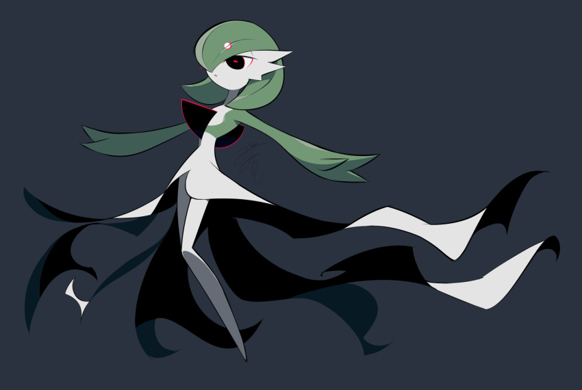 black_background black_eyes bob_cut colored_skin dress expressionless gardevoir green_hair hair_over_one_eye highres lotosu multicolored_skin parted_lips pokemon pokemon_(creature) simple_background two-tone_skin white_dress white_skin