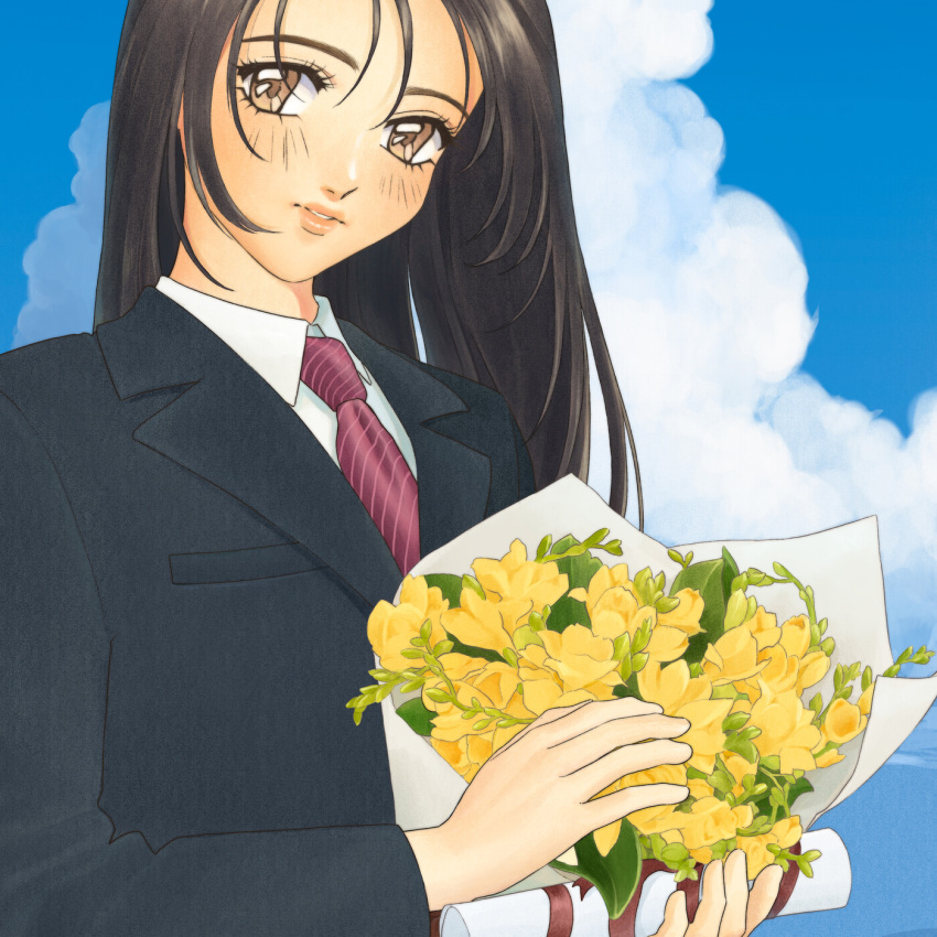 1girl album_cover black_jacket bouquet brown_eyes brown_hair clouds collared_shirt cover english_commentary flower highres holding holding_bouquet holding_diploma jacket long_hair looking_at_viewer necktie original outdoors parted_lips pink_lips red_necktie shirt sky solo upper_body white_shirt yellow_flower yue_(yung_n_dum_)