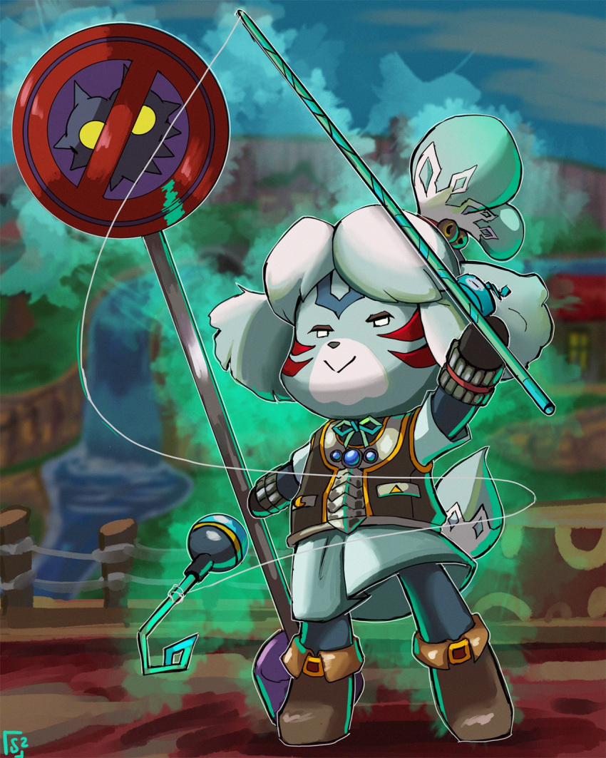 alternate_color alternate_costume alternate_eye_color alternate_hair_color alternate_weapon animal_crossing armor aura blue_gemstone boots bow bowtie chest_jewel clouds cloudy_sky corruption crescent crossover dark_persona dog_girl dual_wielding evil_smile eyelashes eyeshadow facial_tattoo fierce_deity fishing_hook fishing_rod gem glowing hairband highres holding holding_fishing_rod isabelle_(animal_crossing) looking_to_the_side majora_(entity) makeup nintendo outdoors ponytail possessed road_sign sign sky smile standing stoic_seraphim stop stop_sign super_smash_bros. tail tattoo the_legend_of_zelda the_legend_of_zelda:_majora's_mask triangle weapon white_eyes white_hair wrist_guards