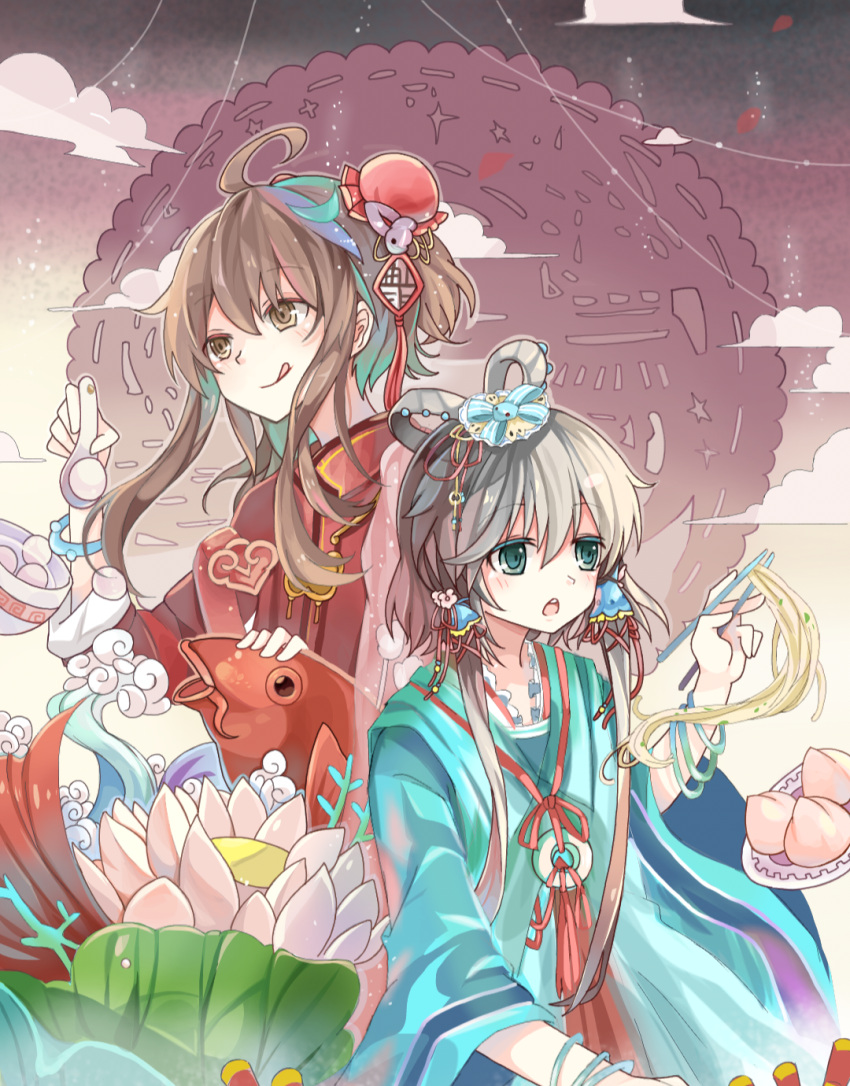 2girls ahoge bracelet brown_eyes brown_hair chinese_clothes chopsticks commentary_request derivative_work duijin_ruqun fish flower food fruit green_eyes grey_hair hair_ornament hair_rings hair_tubes hanfu highres holding jewelry lotus lotus_leaf luo_tianyi multiple_girls noodles peach short_hair_with_long_locks sidelocks smile tangyuan tongue tongue_out umbrella vocaloid vsinger_(vocaloid) xiangqu_kanwusong_dewusong yuezheng_ling