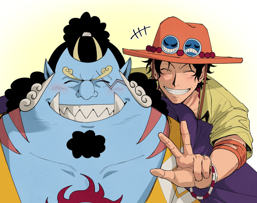 +++ 2boys ^_^ black_hair blue_skin blush bracelet chest_tattoo closed_eyes colored_skin commentary_request elbow_pads facial_hair fish_boy goatee hat highres japanese_clothes jewelry jinbe_(one_piece) kimono male_focus multiple_boys necklace one_piece orange_hat pearl_necklace ponytail portgas_d._ace sharp_teeth shirt simple_background single_elbow_pad smile tattoo teeth thick_eyebrows tusks usarinko v white_background