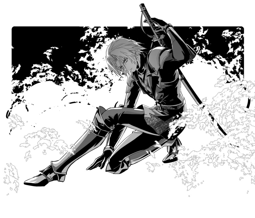 1boy aged_down arm_up armor boots chest_strap chinese_commentary coat commentary_request final_fantasy final_fantasy_vii final_fantasy_vii_ever_crisis foliage full_body gloves greyscale hand_on_ground highres katana knee_boots long_sleeves looking_back male_focus monochrome on_one_knee outdoors pants pauldrons sephiroth serious short_hair shoulder_armor slit_pupils solo sword sword_on_back weapon weapon_on_back yan_river