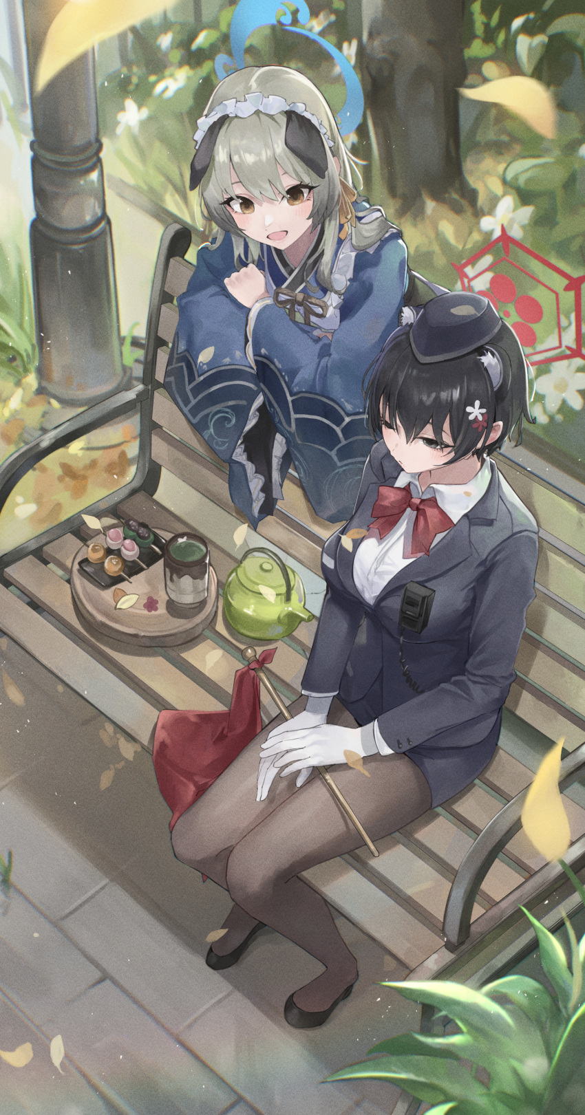 2girls absurdres animal_ear_fluff animal_ears apron black_eyes black_footwear black_hair black_hat black_jacket black_pantyhose black_skirt blue_archive blue_kimono blush bow bowtie brown_eyes collared_shirt cup dango day dog_ears extra_ears floppy_ears food frilled_apron frilled_hairband frills from_above garrison_cap gloves grey_hair hairband halo hat highres jacket japanese_clothes kimono lapels leaning_on_object looking_ahead looking_at_another maid maid_apron maid_headdress megu_(pixiv9460065) multiple_girls notched_lapels official_alternate_costume on_bench outdoors pantyhose pencil_skirt raccoon_ears red_bow red_bowtie red_flag shirt short_hair skirt suit teacup teapot tour_guide tsubaki_(blue_archive) tsubaki_(guide)_(blue_archive) umika_(blue_archive) wa_maid wagashi walkie-talkie white_apron white_gloves white_shirt wide_sleeves