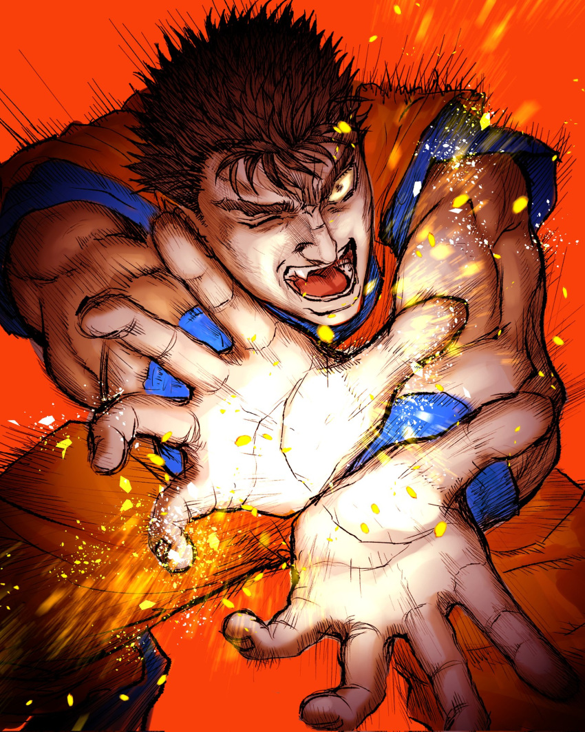 1boy berserk black_hair brown_hair commentary_request cosplay dougi dragon_ball fang feet_out_of_frame fighting_stance guts_(berserk) highres incoming_attack kamehameha_(dragon_ball) light_particles looking_at_viewer male_focus muscular muscular_male nisino2222 one_eye_closed open_mouth orange_background orange_pants orange_theme outstretched_arms pants scar scar_on_face scar_on_nose short_hair solo son_goku son_goku_(cosplay) spiky_hair squatting toriyama_akira_(character) wristband