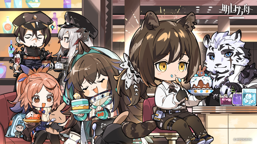 2boys 3girls animal_ears arknights bird_boy bird_girl blue_eyes chewing chibi chinese_commentary claws closed_eyes closed_mouth commentary_request copyright_name cross_scar cup dragon_girl dragon_horns drink eating feathers furry furry_male glass highres holding holding_cup holding_drink holding_plate holding_spoon horns ice ice_cube jesselton_williams_(arknights) kafka_(arknights) kumomero looking_at_viewer mountain_(arknights) multiple_boys multiple_girls official_art open_mouth pinecone_(arknights) plate raccoon_ears raccoon_girl raccoon_tail robin_(arknights) saria_(arknights) saria_(the_law)_(arknights) scar scar_across_eye scar_on_cheek scar_on_face scar_on_nose sitting smile sparkle spoon standing tail tiger_boy tiger_ears tiger_stripes