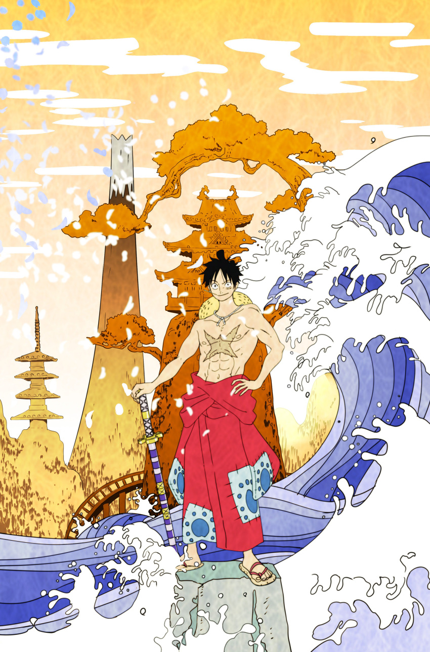1boy absurdres black_hair bridge castle chonmage commentary_request flip-flops full_body hand_on_own_hip hat highres japanese_clothes kimono kojima_takashi male_focus monkey_d._luffy one_piece red_kimono sandals scar scar_on_chest scar_on_face solo straw_hat sword topknot topless_male waving weapon
