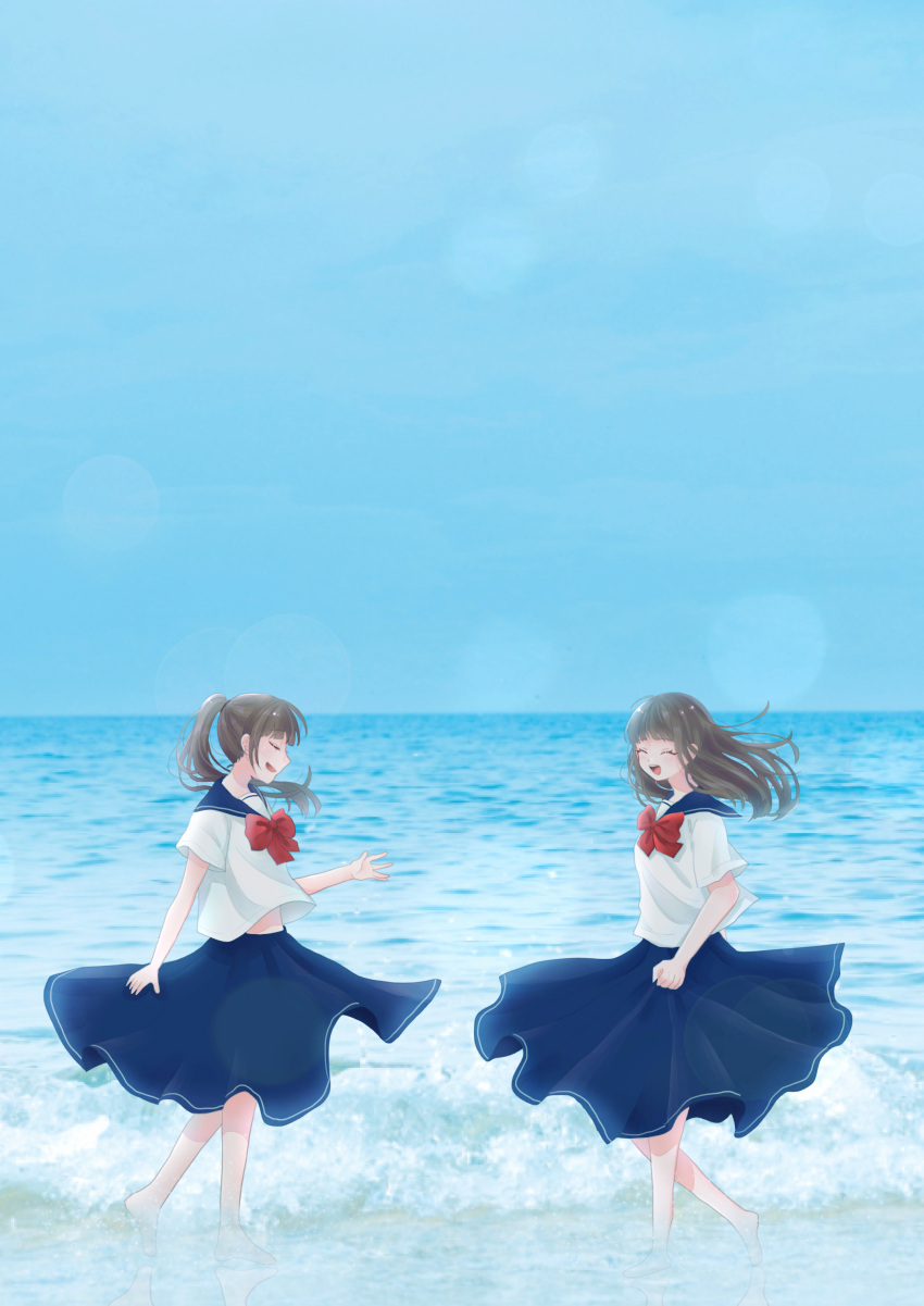 2girls :d ^_^ absurdres barefoot beach blue_sailor_collar blue_skirt blue_sky blunt_bangs bow bowtie brown_hair closed_eyes commentary_request day floating_hair from_side highres horizon lens_flare long_hair multiple_girls ocean open_mouth original outdoors ponytail profile red_bow red_bowtie sailor_collar sakamomo school_uniform serafuku shirt short_sleeves skirt sky smile standing walking water white_shirt