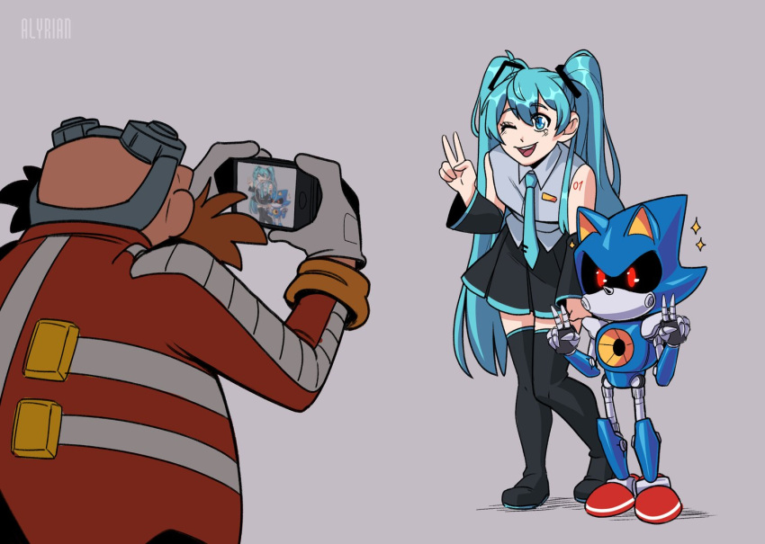 1girl 2boys alyrian aqua_eyes aqua_hair bald black_sclera cellphone colored_sclera commentary dr._eggman english_commentary facial_hair goggles goggles_on_head grey_background hatsune_miku holding holding_phone jacket metal_sonic multiple_boys mustache necktie no_mouth non-humanoid_robot one_eye_closed phone red_eyes robot robot_animal simple_background skirt smartphone sonic_(series) sparkle taking_picture thigh-highs twintails v