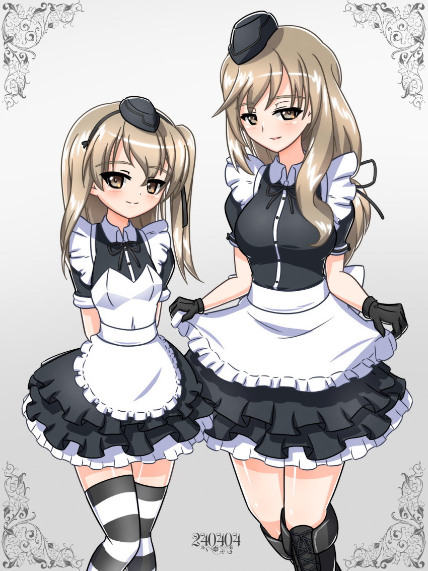 2girls alternate_costume apron arms_behind_back black_dress black_footwear black_hat black_ribbon black_thighhighs boots brown_eyes closed_mouth collared_dress curtsey dated dress earlobe1514366 enmaided frilled_apron frilled_dress frills garrison_cap girls_und_panzer grey_background hair_ribbon half-closed_eyes hat highres knee_boots light_brown_hair long_hair looking_at_viewer low-tied_long_hair maid mother_and_daughter multiple_girls neck_ribbon one_side_up puffy_short_sleeves puffy_sleeves ribbon shimada_arisu shimada_chiyo short_dress short_sleeves side-by-side smile standing striped_clothes striped_thighhighs thigh-highs waist_apron white_apron