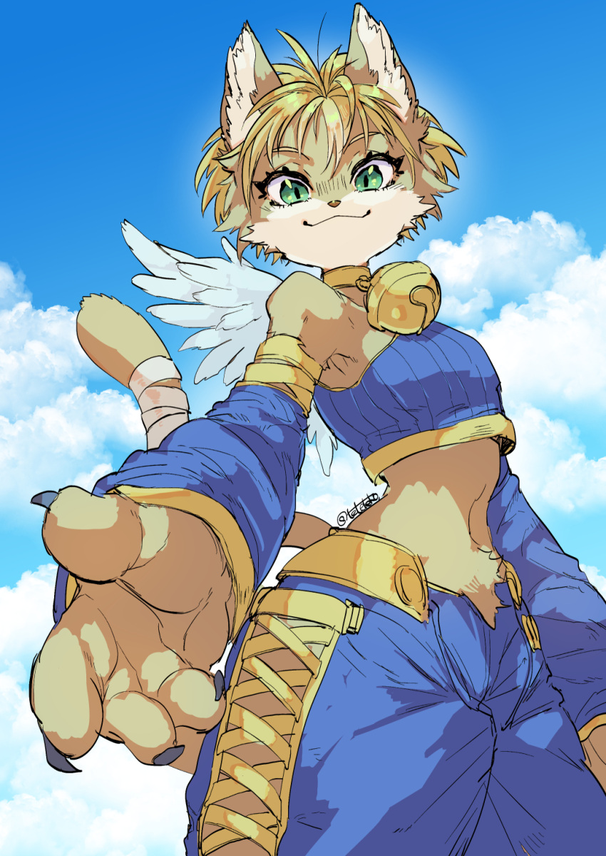 :3 animal_ears animal_nose bandaged_tail bare_shoulders bell blonde_hair brown_fur cat_ears cat_girl cat_tail claws clothing_cutout clouds cloudy_sky commentary_request cowboy_shot crop_top cropped_legs daena detached_sleeves feathered_wings furry furry_female green_eyes highres jingle_bell legend_of_mana looking_at_viewer looking_down neck_bell outstretched_hand seiken_densetsu sky slit_pupils stomach_cutout tail teko_(tawake) two-tone_fur wings