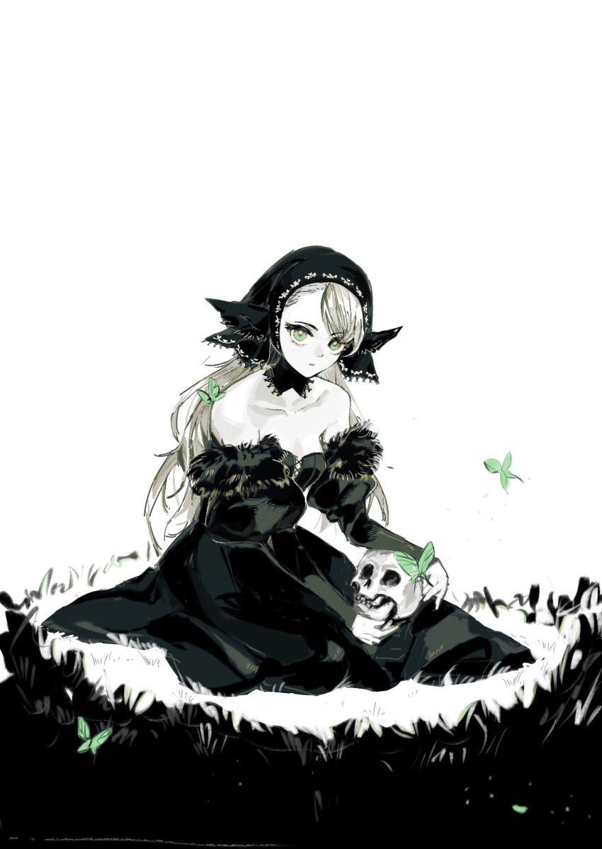 bare_shoulders bug butterfly collarbone commentary d_quan detached_sleeves dress dungeon_meshi elf english_commentary full_body fur-trimmed_sleeves fur_trim green_eyes greyscale highres holding holding_skull long_hair marcille_donato marcille_donato_(lord) mixed-language_commentary monochrome pointy_ears sitting skull sleeveless sleeveless_dress spoilers spot_color