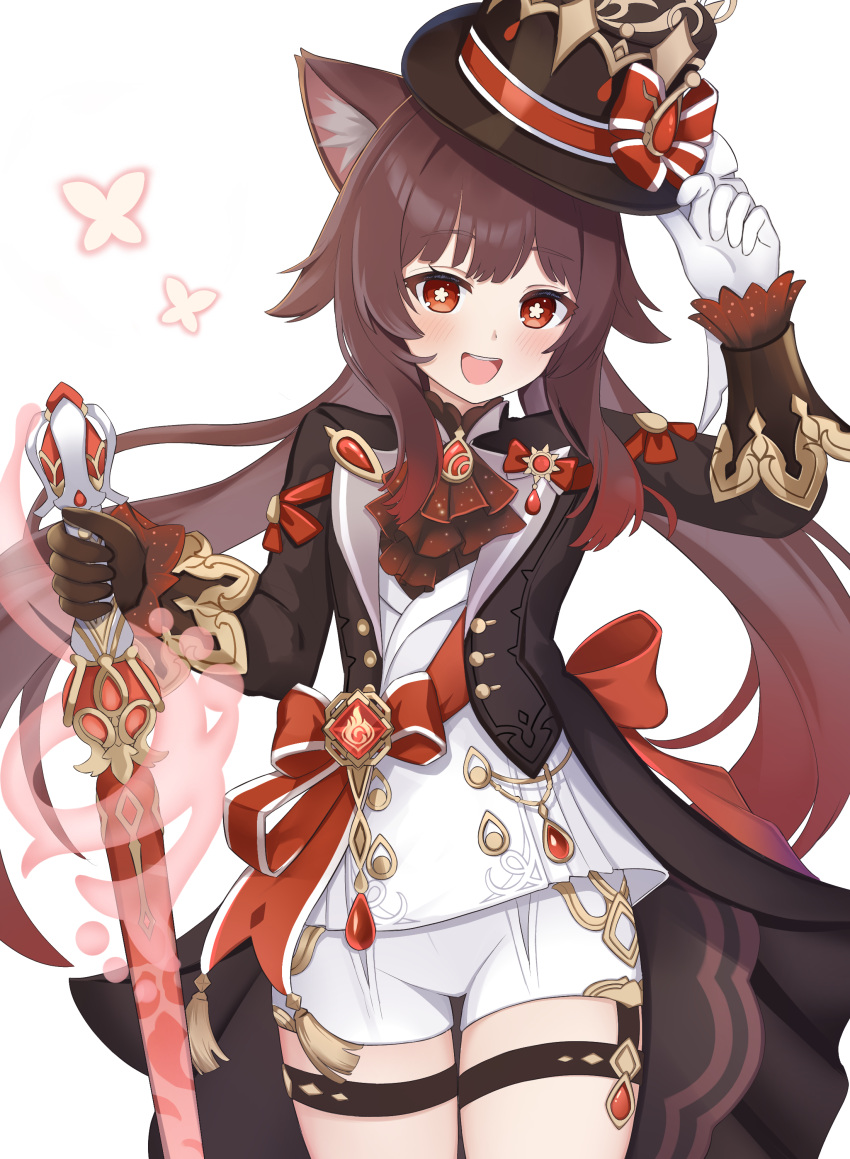 1girl absurdres animal_ears brown_gloves brown_hair brown_jacket cat_ears cosplay flower-shaped_pupils furina_(genshin_impact) furina_(genshin_impact)_(cosplay) genshin_impact gloves hair_between_eyes hat highres holding hu_tao_(genshin_impact) jacket jewelry long_hair long_sleeves looking_at_viewer nekopurin_(nyanko_prin) open_mouth red_eyes shorts smile solo symbol-shaped_pupils thighs twintails vision_(genshin_impact) white_background white_gloves white_shorts