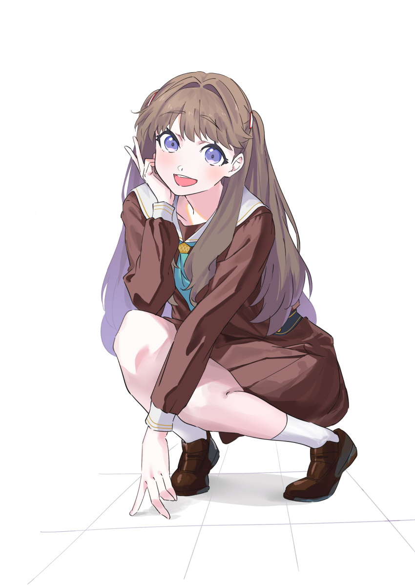 1girl absurdres brown_dress brown_footwear brown_hair collarbone commentary_request dress fujishima_megumi full_body green_neckerchief hasu_no_sora_school_uniform highres kneeling link!_like!_love_live! loafers long_hair long_sleeves looking_at_viewer love_live! neckerchief open_mouth repurika sailor_collar school_uniform shoes socks solo teeth upper_teeth_only v violet_eyes virtual_youtuber white_background white_sailor_collar white_socks winter_uniform