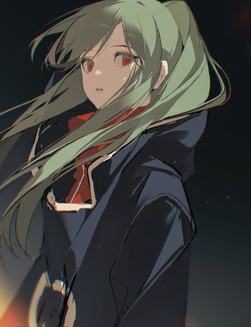 1girl arms_at_sides black_background blue_jacket chongzhen_085 floating_hair from_side green_hair highres hood hood_down hooded_jacket jacket kagerou_project kido_tsubomi long_hair long_sleeves looking_at_viewer open_mouth ponytail red_eyes red_scarf scarf sidelocks sideways_glance simple_background solo swept_bangs teeth upper_body very_long_hair