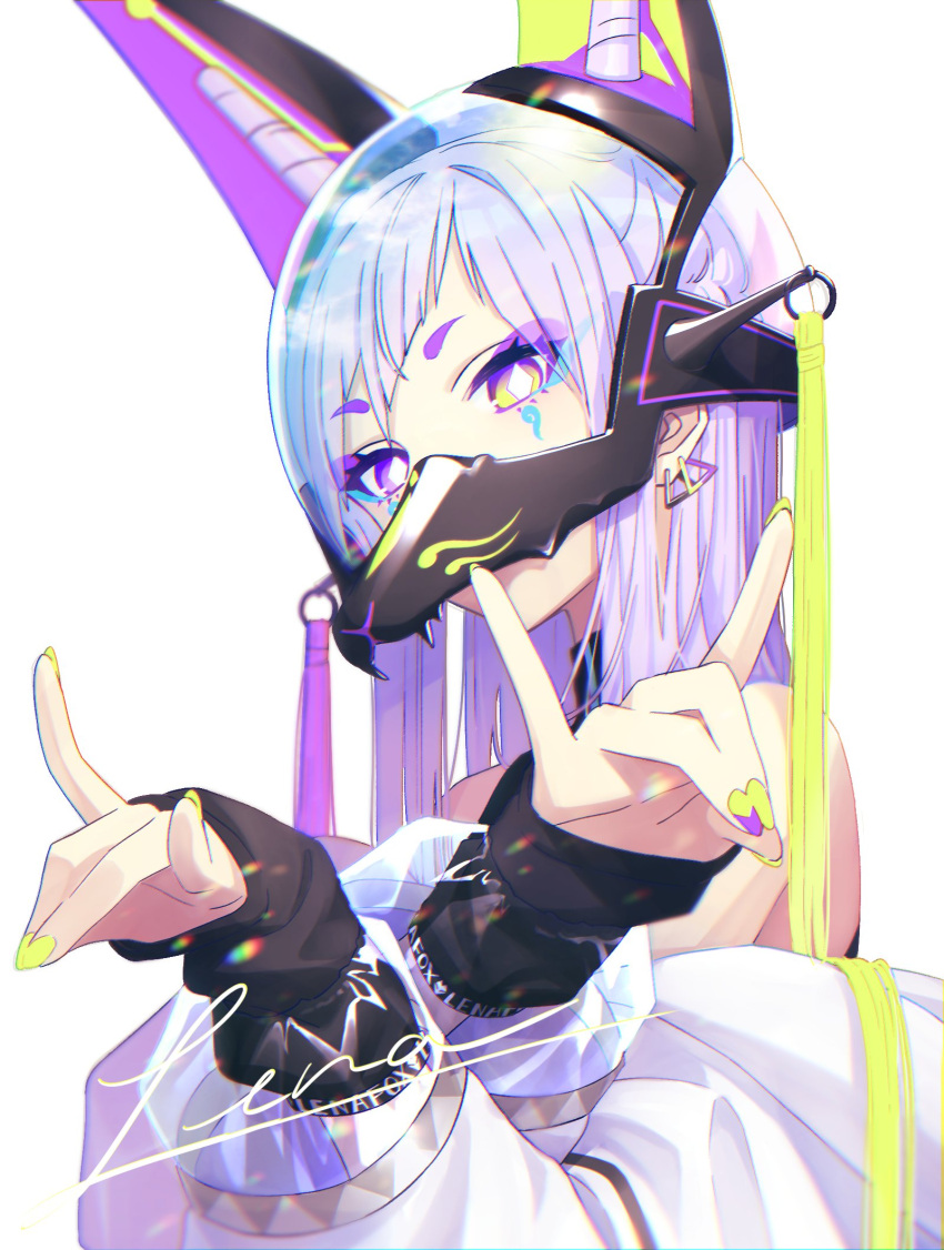 1girl akroglam animal_ears bright_pupils crossed_arms diagonal_bangs diamond-shaped_pupils diamond_(shape) earrings facial_mark fake_animal_ears fox_ears fox_mask fox_shadow_puppet grey_hair hands_up highres jewelry lena_(akroglam) long_hair long_sleeves looking_at_viewer mask nail_polish natsuharu sleeves_past_wrists solo symbol-shaped_pupils upper_body violet_eyes white_background white_pupils yellow_nails