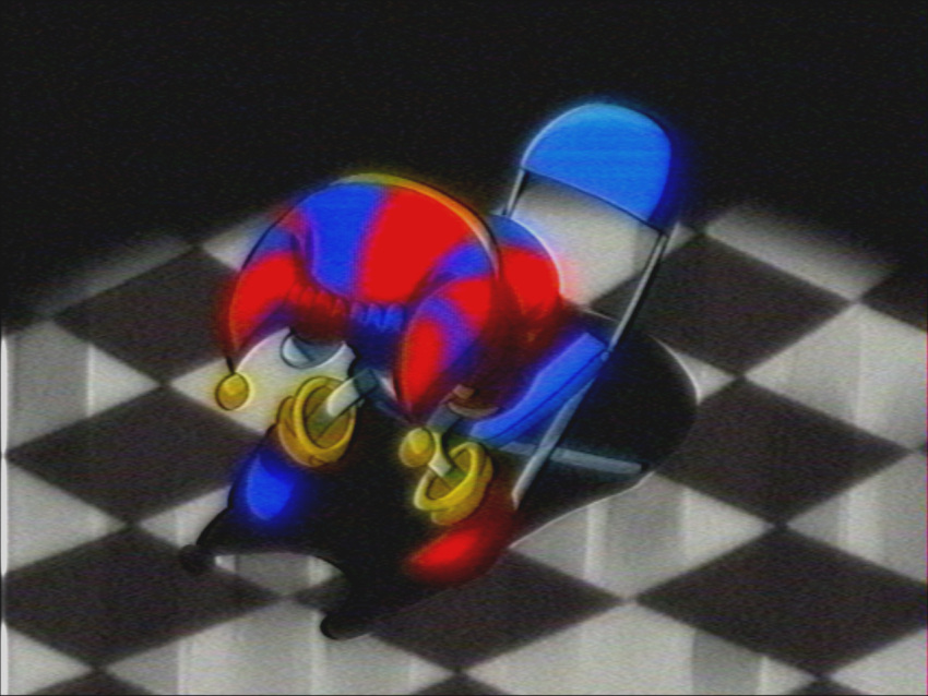 1990s_(style) 1girl asymmetrical_footwear asymmetrical_gloves blue_footwear blue_gloves chair checkered_floor commentary film_grain folding_chair full_body gloves hands_on_own_face hat jester_cap lueduar meme mismatched_footwear neon_genesis_evangelion on_chair pomni_(the_amazing_digital_circus) red_footwear red_gloves retro_artstyle shinji_in_a_chair_(meme) sitting solo striped_clothes striped_headwear the_amazing_digital_circus vertical-striped_clothes vertical-striped_headwear