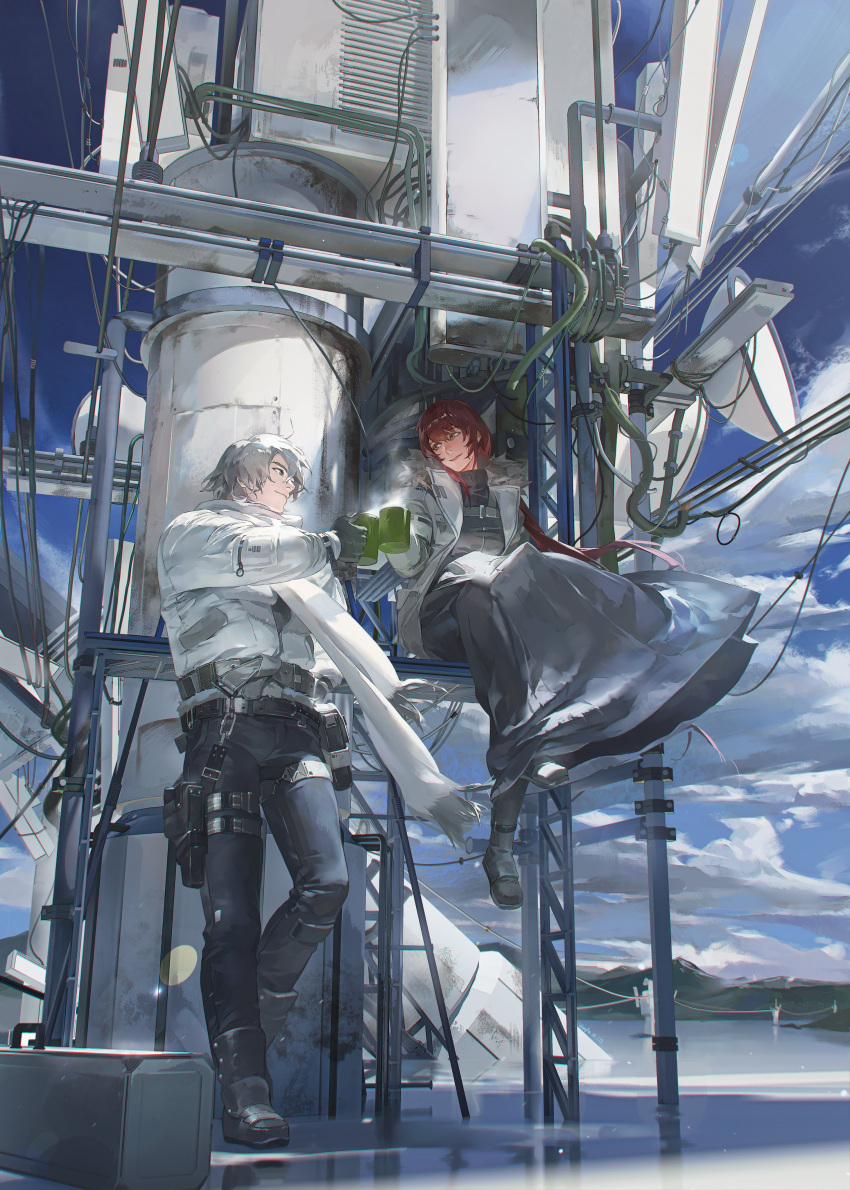 1boy 1girl absurdres belt black_footwear cable clouds coat cup fur-trimmed_coat fur_trim grey_eyes grey_hair highres holding holding_cup jacket machinery mountainous_horizon open_clothes open_coat original pouch redhead short_hair sitting sky smoke standing strap wangan wariza white_jacket