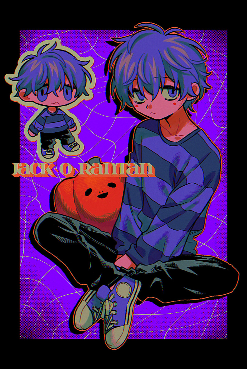 1boy black_border black_pants border character_name chibi closed_mouth collarbone converse crossed_legs full_body hair_behind_ear highres jack-o'_ran-tan knees_apart_feet_together long_sleeves looking_at_viewer menma_(enaic31) messy_hair orange_outline pants purple_background purple_footwear purple_hair purple_shirt retro_artstyle shirt short_hair sitting solo striped_clothes striped_shirt v_arms violet_eyes