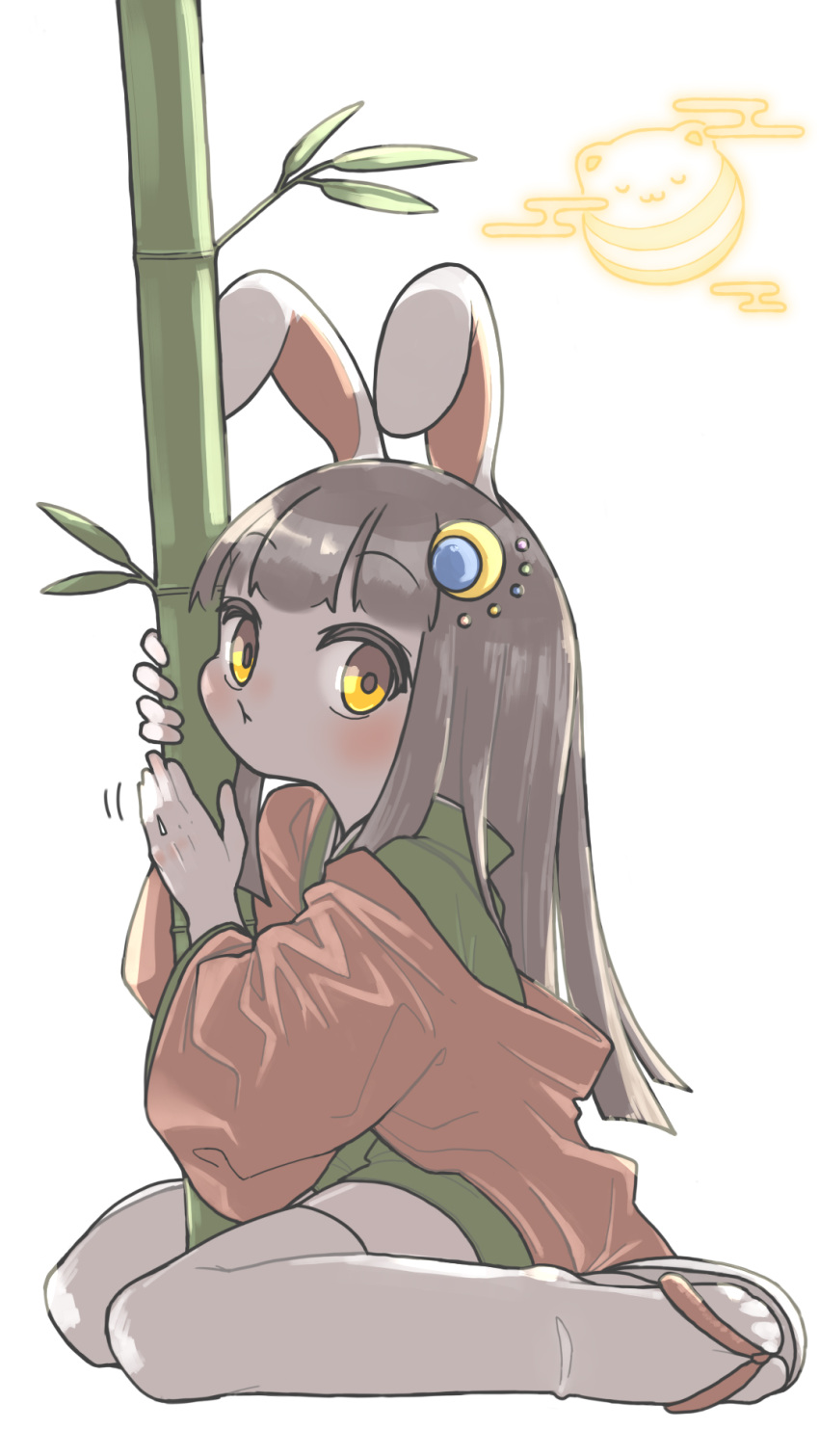 1girl animal_ears bamboo blunt_bangs blush bms_of_fighters brown_hair cheek_press closed_mouth commentary_request crescent crescent_hair_ornament egasumi from_side full_body green_kimono hair_ornament haori highres jacket japanese_clothes kaguya_hime kimono long_hair long_sleeves looking_at_viewer looking_to_the_side rabbit_ears red_jacket rubbing sandals short_kimono sitting solo thigh-highs uewtsol wariza white_background white_thighhighs wide_sleeves yellow_eyes zouri