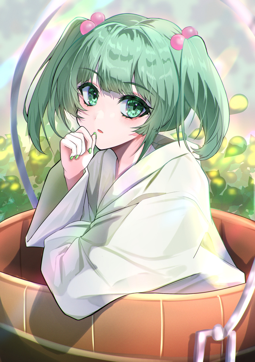 1girl absurdres bucket commentary_request green_eyes green_hair green_nails hair_bobbles hair_ornament head_tilt highres in_bucket in_container japanese_clothes kimono kisume leaning_on_object looking_at_viewer medium_hair nail_polish nyarocks open_mouth solo touhou twintails two_side_up upper_body white_kimono wide_sleeves wooden_bucket