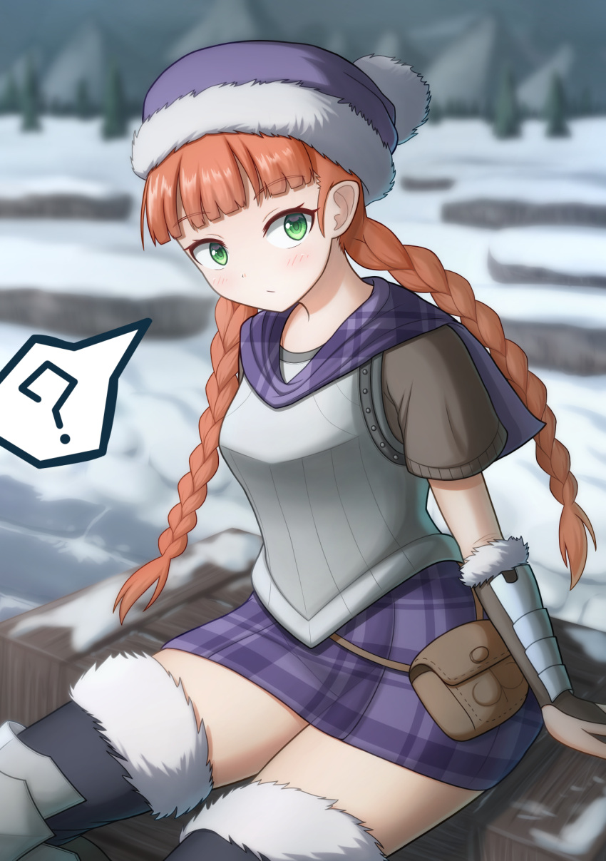 1girl :/ ? arm_guards armor black_thighhighs blurry blurry_background bobblehat braid breastplate capelet closed_mouth fur-trimmed_headwear fur-trimmed_legwear fur-trimmed_thighhighs fur_trim green_eyes hat highres long_hair miniskirt mountainous_horizon offencearmor-0131 orange_hair outdoors plaid plaid_capelet plaid_skirt pouch purple_capelet purple_hat purple_skirt short_sleeves sitting skirt snow solo speech_bubble spoken_question_mark thigh-highs thighs twin_braids unicorn_overlord yunifi_(unicorn_overlord) zettai_ryouiki