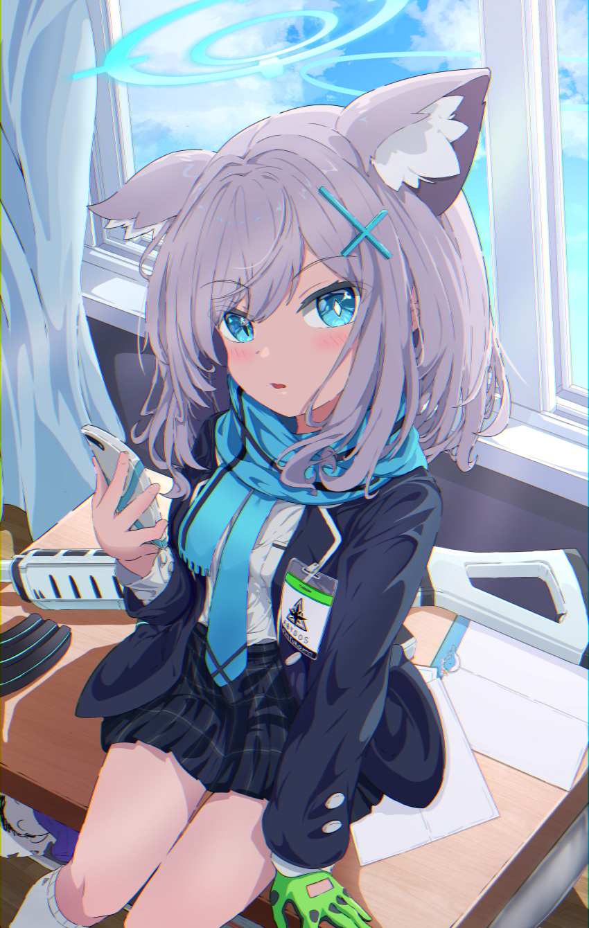 1girl 5s0n9 absurdres animal_ear_fluff animal_ears blue_archive blue_eyes blush breasts cross_hair_ornament extra_ears grey_hair hair_ornament halo highres long_hair looking_at_viewer medium_hair mismatched_pupils shiroko_(blue_archive) shirt solo wolf_ears