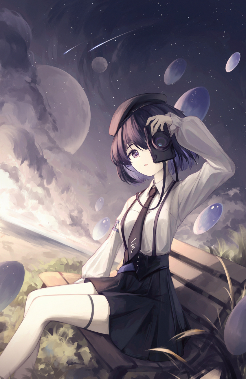 1girl absurdres bench benghuai_xueyuan beret black_hat black_necktie black_skirt camera clouds collared_shirt darkworldsss feet_out_of_frame from_side full_moon hat high-waist_skirt highres holding holding_camera honkai_(series) horizon legs_together long_sleeves looking_at_viewer miniskirt moon necktie one_eye_covered park_bench parted_lips pleated_skirt purple_hair seele_vollerei shadow shirt shooting_star short_hair sitting skirt solo suspender_skirt suspenders taking_picture thigh_strap thighs violet_eyes white_shirt