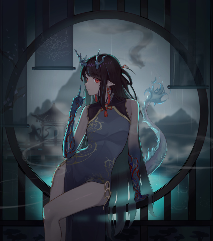 1girl absurdres arknights black_hair china_dress chinese_clothes dragon_girl dragon_horns dragon_tail dress dusk_(arknights) dusk_(everything_is_a_miracle)_(arknights) gradient_skin highres horns long_hair multicolored_hair red_eyes silver_incense solo streaked_hair tail very_long_hair