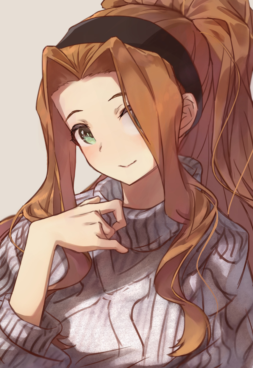 1girl absurdres black_hairband brown_hair closed_mouth curtained_hair dot_nose green_eyes grey_background grey_sweater hair_over_one_eye hair_over_shoulder hairband hand_on_own_neck head_tilt high_ponytail highres idolmaster idolmaster_million_live! idolmaster_million_live!_theater_days light_blush light_smile long_hair looking_at_viewer nikaidou_chizuru shirafu_ne simple_background solo sweater upper_body very_long_hair