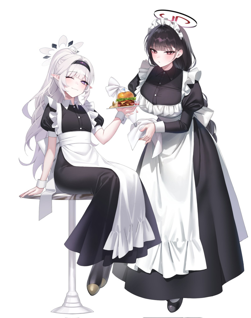 2girls ;) ;3 alternate_costume alternate_hairstyle apron arm_support bar_stool black_dress black_hair blue_archive blunt_bangs blush breasts bright_pupils burger commentary dress enmaided food frilled_apron frills full_body hairband halo highres himari_(blue_archive) holding holding_pastry_bag holding_tray juliet_sleeves large_breasts long_dress long_hair long_sleeves looking_at_viewer maid maid_apron maid_headdress mixed-language_commentary multiple_girls one_eye_closed pastry_bag pointy_ears ponytail puffy_short_sleeves puffy_sleeves raki_kr red_eyes ringed_eyes rio_(blue_archive) short_sleeves sidelocks simple_background sitting smile solo stool tray violet_eyes white_apron white_background white_hair white_pupils wrist_cuffs