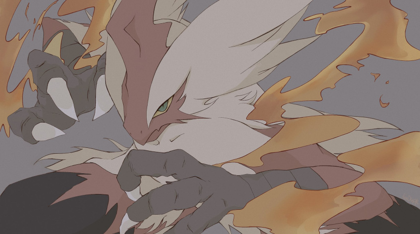 bird blaziken blue_eyes chicken close-up colored_sclera flaming_hand fu04pk grey_background highres looking_at_viewer mega_blaziken muted_color pokemon pokemon_(creature) simple_background solo talons yellow_sclera