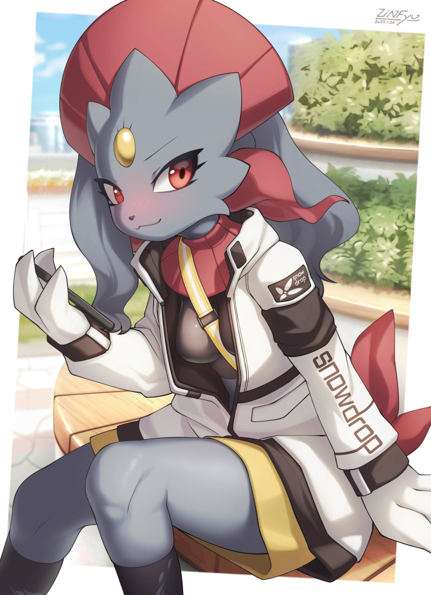 1girl absurdres between_breasts blush breasts cellphone commentary_request furrification furry furry_female highres holding holding_phone looking_at_viewer phone pokemon pokemon_(creature) red_eyes revision sitting small_breasts solo strap_between_breasts weavile zinfyu