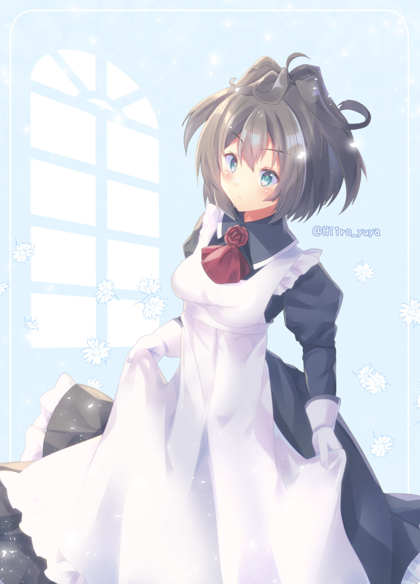 1girl ahoge apron aqua_eyes artist_name ascot blue_background blue_eyes blush breasts brown_hair closed_mouth dress falling_flower flower frilled_dress frills gloves heart highres hiiro_yuya kantai_collection looking_ahead maid medium_breasts red_ascot red_flower rose sheffield_(kancolle) sparkle translation_request twitter_username white_apron white_flower white_gloves window