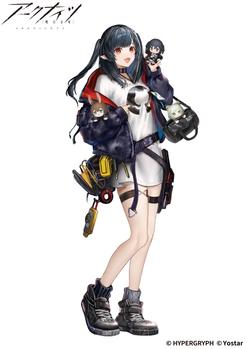 amiya_(arknights) animal_ears arknights bag black_footwear black_hair black_jacket black_socks bright_pupils brown_hair c: cat_ears character_doll closure_(arknights) commentary_request company_name copyright_name copyright_notice doll dress full_body gawako green_hair highres holding holding_doll jacket kal'tsit_(arknights) looking_at_viewer medium_dress official_art open_mouth pointy_ears rabbit_ears recruitment_bag_(arknights) red_eyes red_jacket shoes side_ponytail simple_background smile sneakers socks thigh_strap two-sided_fabric two-sided_jacket white_background white_dress white_pupils