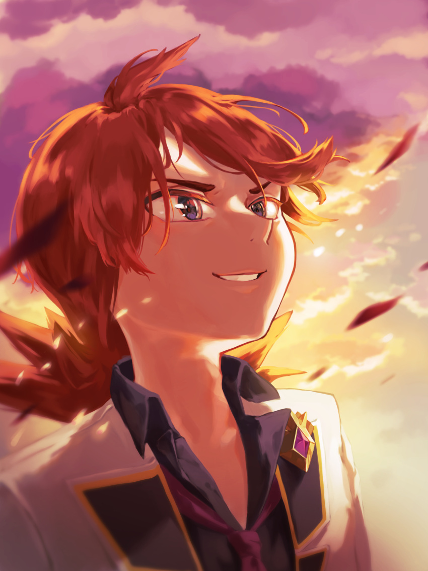 1boy absurdres collared_shirt falling_petals highres jacket male_focus nayuki0219811 open_clothes open_jacket petals pokemon pokemon_masters_ex redhead shirt silver_(champion)_(pokemon) silver_(pokemon) smile solo sunset teeth upper_body violet_eyes