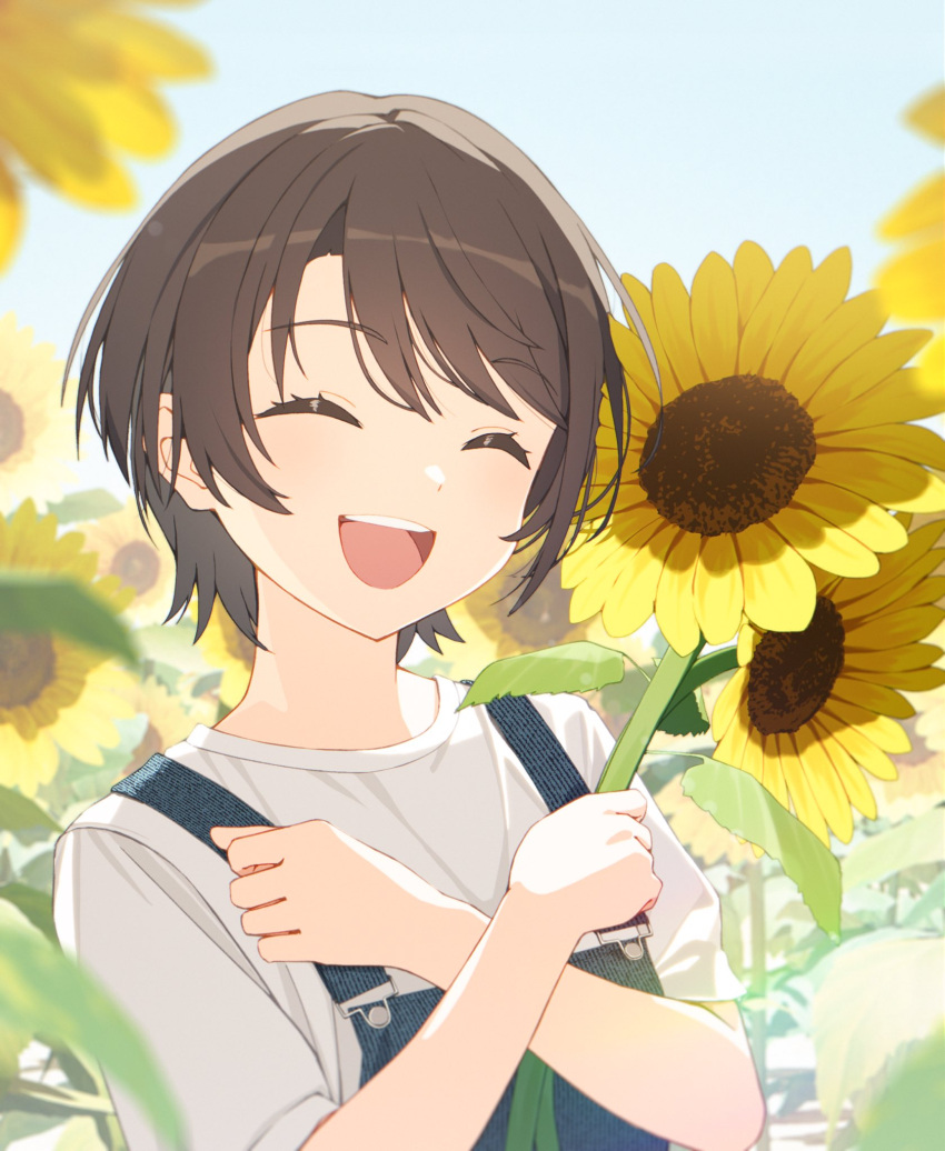 1girl :d alternate_costume blue_overalls brown_hair closed_eyes commentary field flower flower_field highres holding holding_flower hololive kounaien_(comic1217) oozora_subaru overalls shirt short_hair smile solo sunflower sunflower_field swept_bangs symbol-only_commentary t-shirt teeth upper_teeth_only virtual_youtuber white_shirt