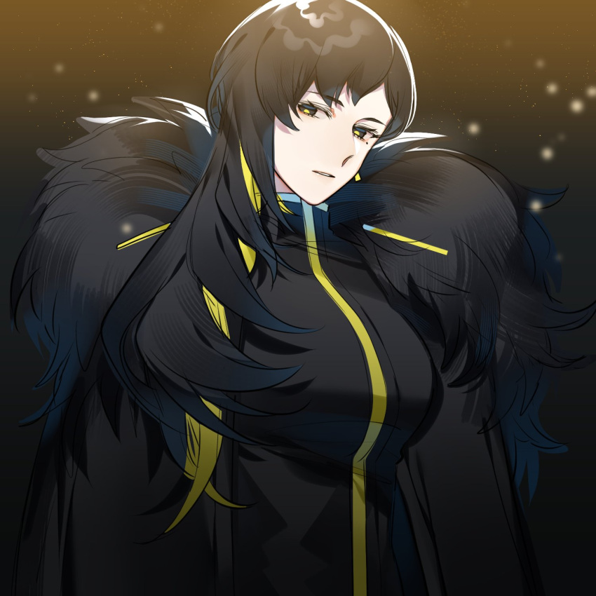 1girl binah_(project_moon) black_cape black_dress black_eyes black_hair blonde_hair breasts cape colored_inner_hair dress fur-trimmed_cape fur_trim highres large_breasts library_of_ruina multicolored_hair project_moon shanhujiao solo upper_body yellow_pupils