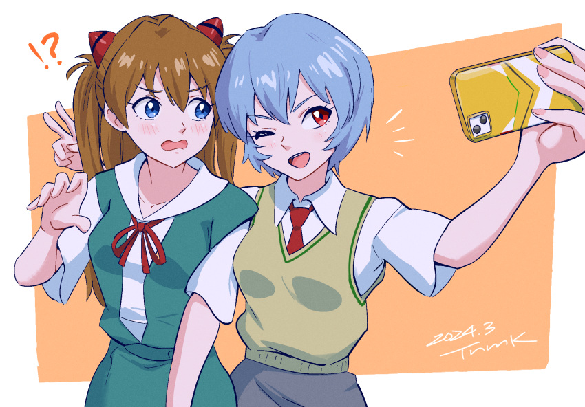 2girls :d artist_name ayanami_rei blue_eyes blush border bow bowtie breasts brown_hair cellphone commentary curled_fingers dated dress_shirt embarrassed green_skirt grey_skirt hair_between_eyes hand_up highres holding holding_phone interface_headset long_hair looking_at_another looking_at_object looking_to_the_side medium_breasts multiple_girls neck_ribbon necktie neon_genesis_evangelion nervous notice_lines official_alternate_costume one_eye_closed open_mouth orange_background outside_border phone red_bow red_bowtie red_eyes red_necktie red_ribbon ribbon school_uniform selfie shirt short_hair short_sleeves signature simple_background skirt smartphone smile souryuu_asuka_langley suspender_skirt suspenders sweater_vest teeth tokyo-3_middle_school_uniform tsunemoku two_side_up upper_body upper_teeth_only v v-shaped_eyebrows wavy_mouth white_border white_shirt yellow_sweater_vest