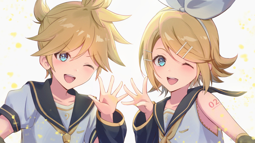 1boy 1girl aiu_eika blonde_hair blue_eyes blush bow_hairband commentary detached_sleeves hair_ornament hairband hairclip highres kagamine_len kagamine_rin long_sleeves looking_at_viewer milestone_celebration necktie one_eye_closed open_mouth ponytail sailor_collar shirt short_hair short_sleeves sleeveless sleeveless_shirt smile textless_version twitter_username upper_body vocaloid