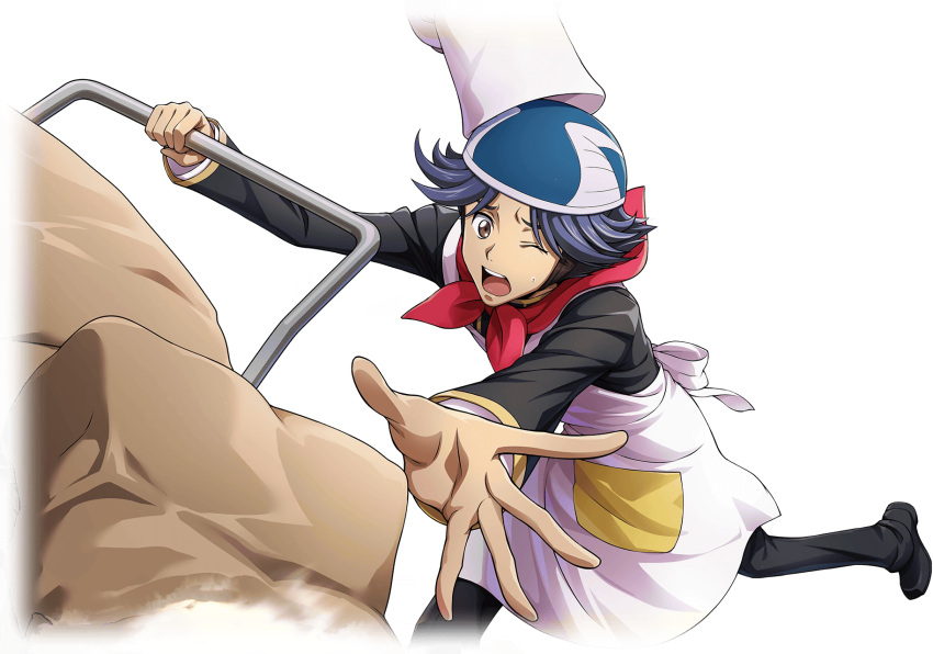 1boy apron arms_up artist_request black_footwear black_jacket black_pants blue_hair blue_helmet brown_eyes chef_hat code_geass code_geass:_lost_stories cropped_legs game_cg hair_flaps hat highres jacket layered_sleeves leaning_forward leg_up male_focus neckerchief nervous non-web_source official_art one_eye_closed open_mouth outstretched_arms pants pocket reaching red_neckerchief rivalz_cardemonde sack shoes short_hair simple_background solo spread_fingers standing standing_on_one_leg sweat teeth transparent_background white_apron white_hat wince