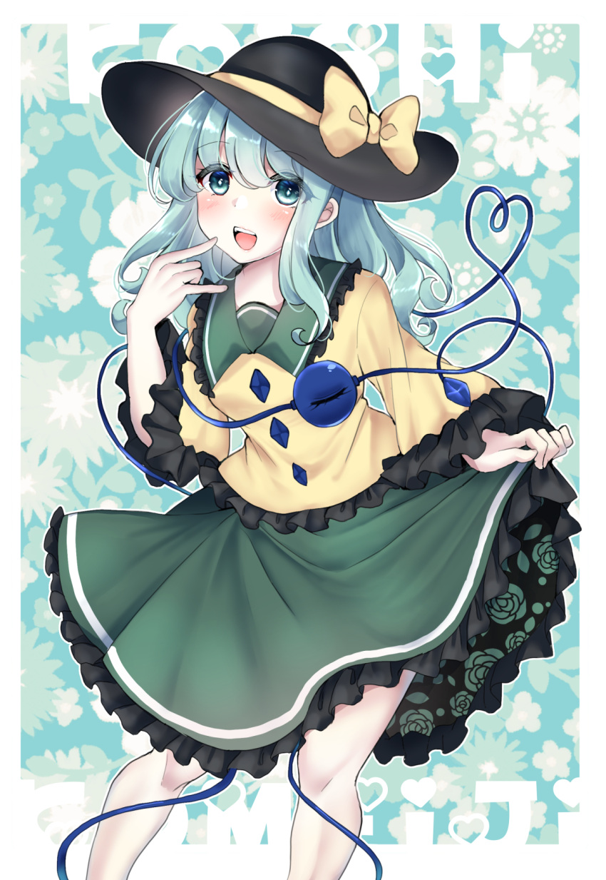 1girl :d \m/ arm_at_side black_hat blush border bow bright_pupils buttons character_name colored_eyelashes commentary_request diamond_button eyes_visible_through_hair feet_out_of_frame floral_print frilled_shirt_collar frilled_skirt frilled_sleeves frills green_background green_eyes green_hair green_skirt hair_between_eyes hand_up happy hat hat_bow heart heart_of_string highres koishi_day komeiji_koishi long_sleeves looking_at_viewer medium_hair open_mouth ougi_hina paid_reward_available print_skirt rose_print shirt sidelocks simple_background skirt skirt_hold smile solo standing teeth touhou upper_teeth_only wavy_hair white_border white_pupils wide_sleeves yellow_bow yellow_shirt