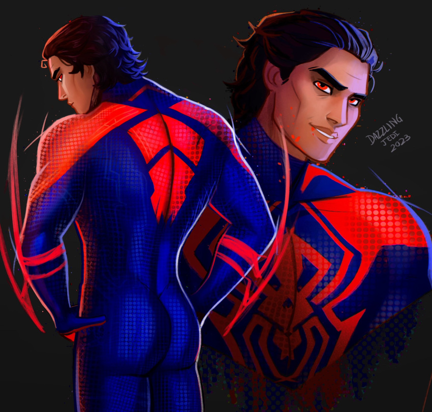 1boy 2023 artist_name black_hair blue_bodysuit bodysuit cropped_torso dated dazzlingjedi english_commentary grey_background hair_slicked_back hand_on_own_hip highres looking_back marvel miguel_o'hara multiple_views red_bodysuit red_eyes short_hair simple_background smile spider-man:_across_the_spider-verse spider-man_(series) spider-verse thick_eyebrows two-tone_bodysuit