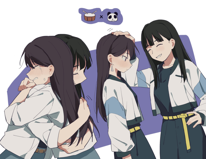 2girls ^_^ bang_dream! bang_dream!_it's_mygo!!!!! belt black_hair blue_dress chinese_commentary closed_eyes collarbone commentary_request crying dress earrings hair_behind_ear hayashi_coco headpat highres hug jacket jewelry long_hair long_sleeves multiple_girls open_mouth purple_hair real_life shiina_taki shirt sleeves_past_elbows smile violet_eyes voice_actor voice_actor_connection white_background white_jacket white_shirt yellow_belt yt_(sisteryt_001)