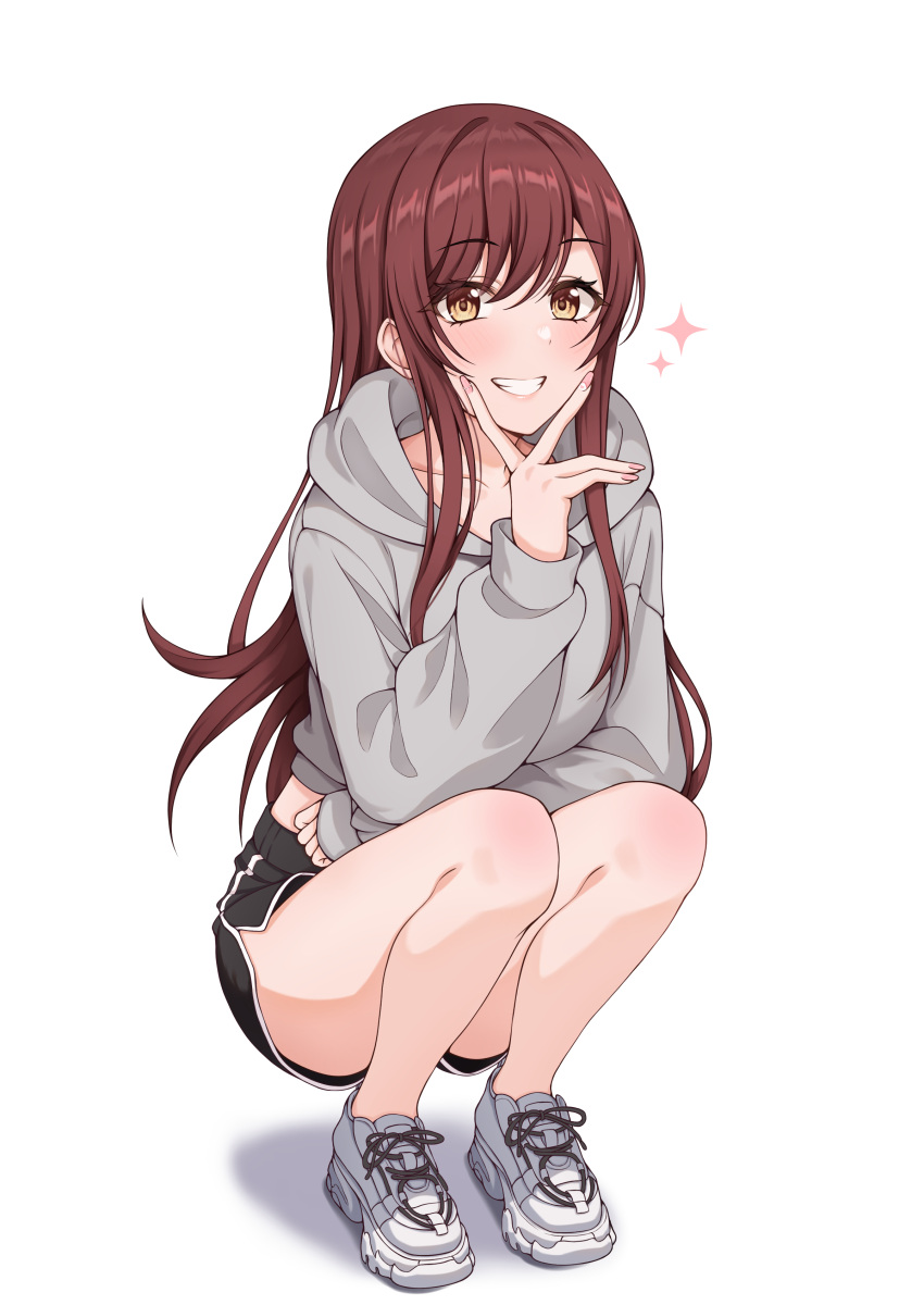 1girl absurdres bare_legs black_shorts blush dolphin_shorts grey_hoodie grin highres hood hood_down hoodie idolmaster idolmaster_shiny_colors long_hair long_sleeves looking_at_viewer open_mouth osaki_amana redhead shoes shorts simple_background smile sneakers solo sorugi_park squatting swept_bangs teeth v white_background yellow_eyes